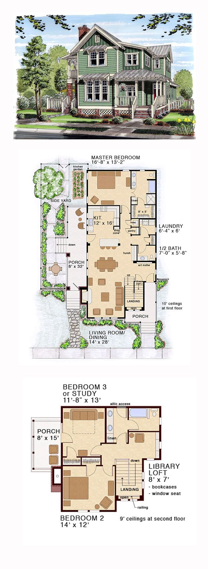 two story house plans with different floor plans for the front and back of the house