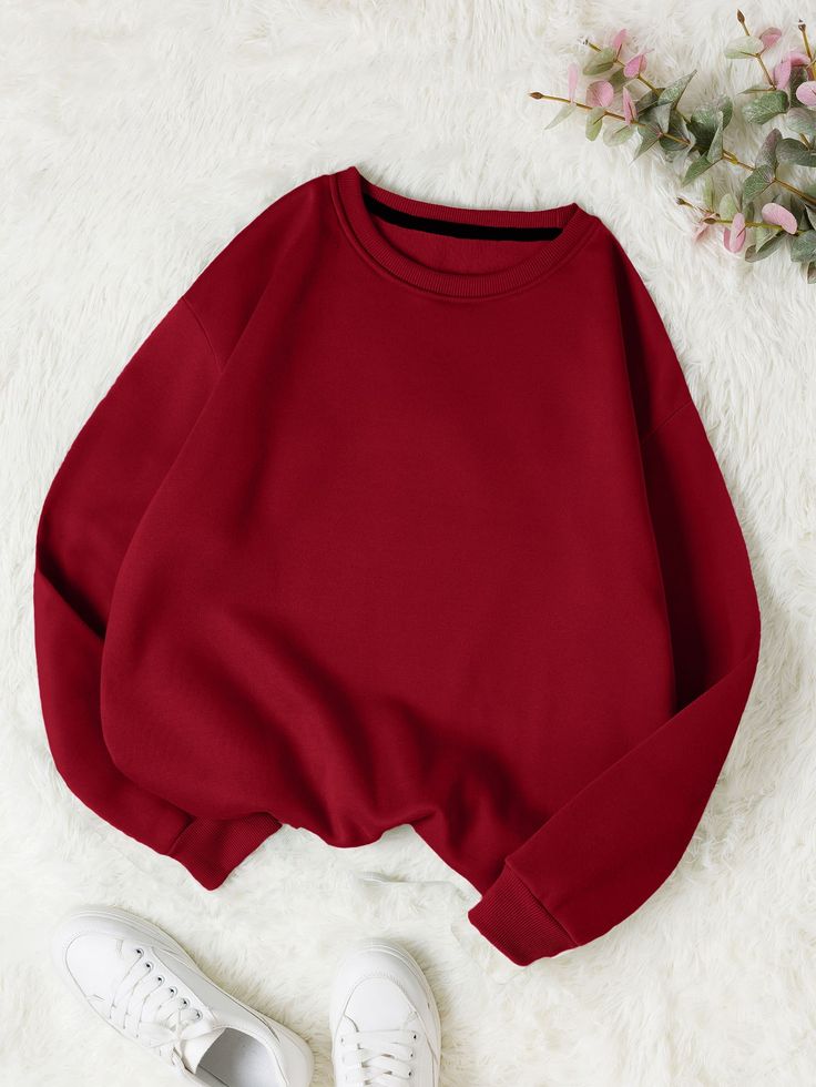 Burgundy Casual Collar Long Sleeve Fabric Plain Pullovers Embellished Slight Stretch Fall/Winter Women Sweatshirts Deep Red Clothes, Red Clothes Casual, Red Pullover Outfit, Cute Winter Sweaters, Moda Aesthetic, Pullovers Outfit, Baby Pink Colour, Dropped Shoulder Sweatshirt, Red Pullover