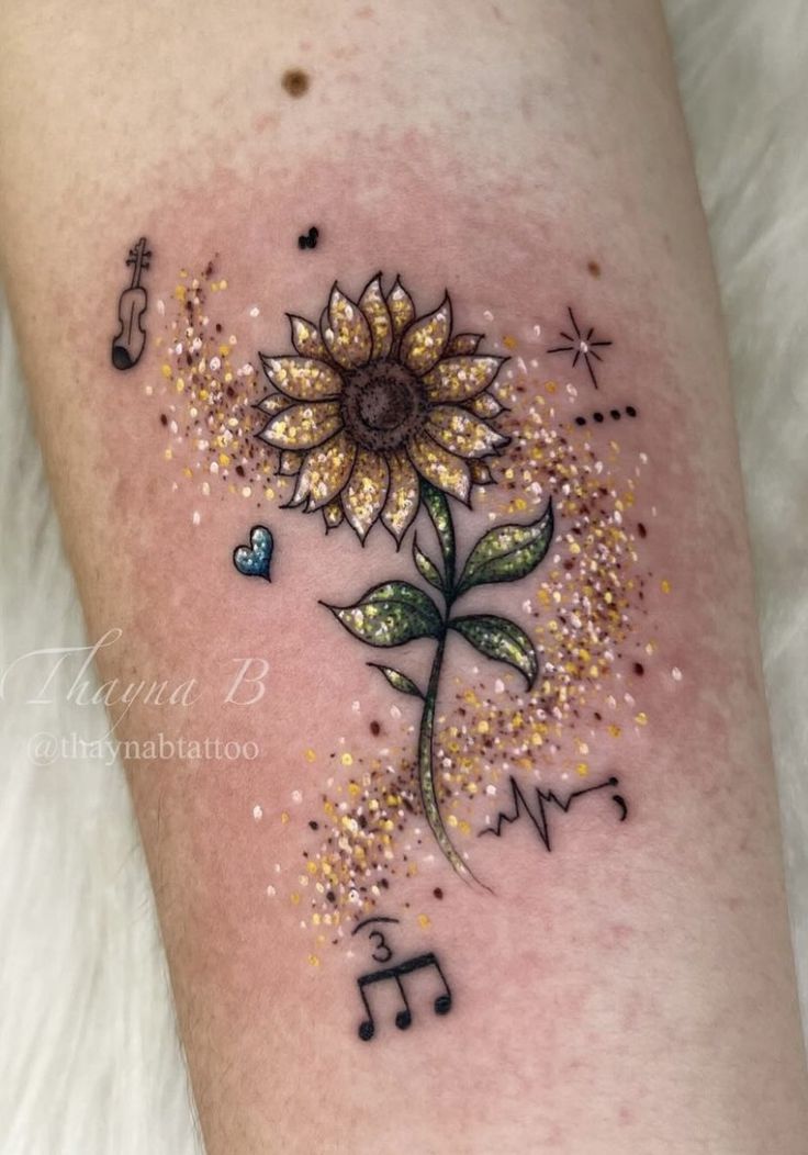 a sunflower with music notes and musical notes painted on it's side leg