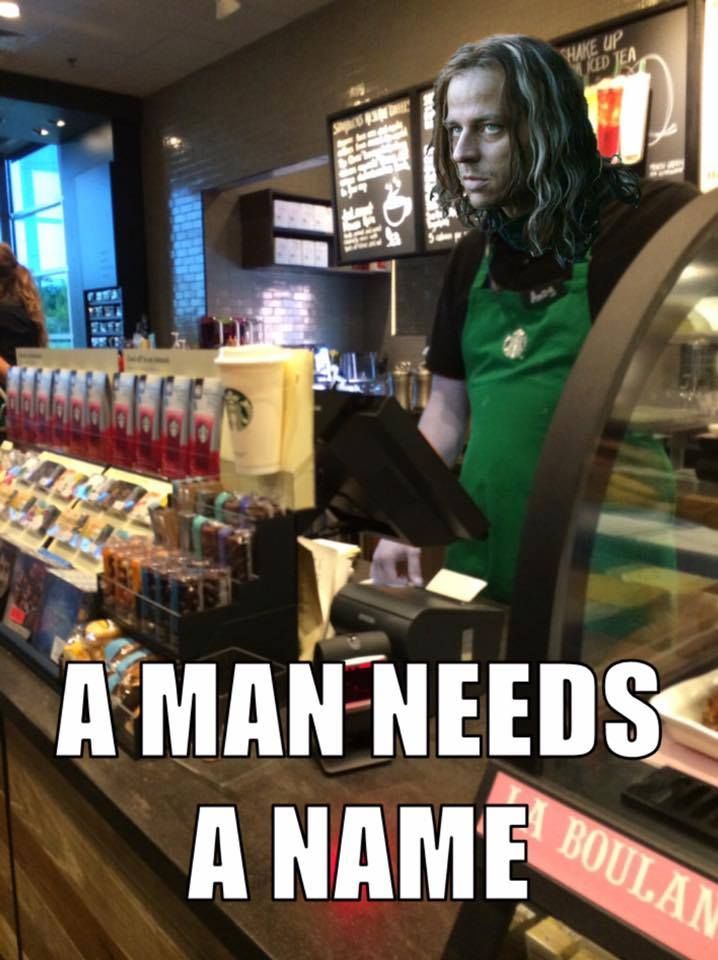 a man standing in front of a counter with food on it and the caption reads, a man needs a name