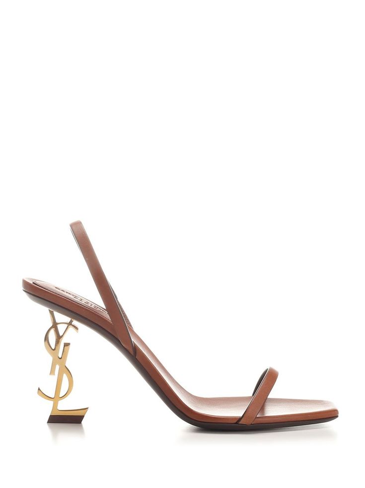 Brown vegetable-tanned leather "Opyum" sandals from Saint Laurent, featuring a square almond toe, an adjustable back strap and a structured Cassandre heel. Brown High Heels, Ysl Heels, Serbia And Montenegro, Shoe Wishlist, Beige Heels, Best Wallet, Cool Ties, Brown Heels, Saint Laurent Shoes