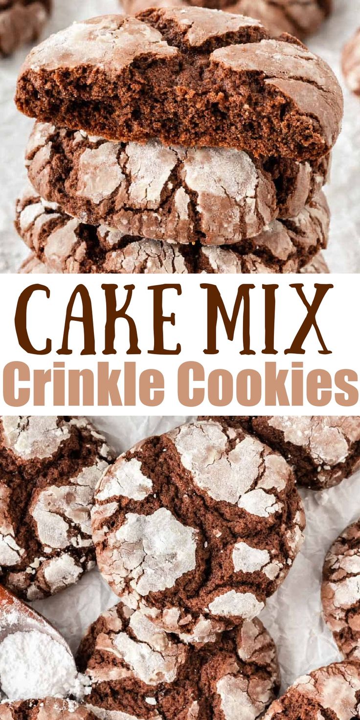 chocolate crinkle cookies stacked on top of each other with the words cake mix