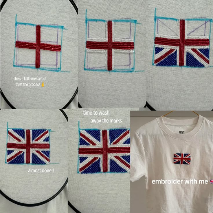 four pictures showing different ways to sew the union jack flag on a t - shirt