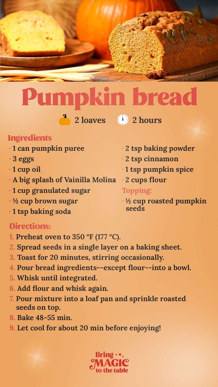 a recipe for pumpkin bread on a table