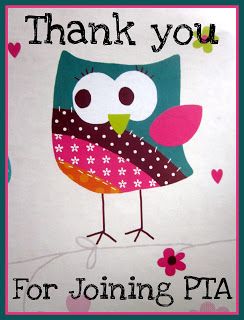 a thank card with an owl on it's back and the words, thank you for joining pta