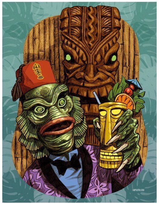 an image of two monsters with drinks in front of a tiki mask on a blue background