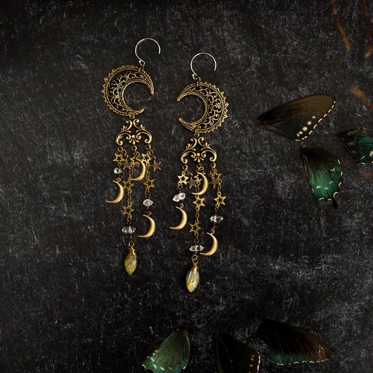 Moon Sorcery Earrings | Faire.com Jewelry Mood Board, Witchy Earrings, Ethereal Jewelry, Crescent Necklace, Witchy Jewelry, Moon Magic, Moon Jewelry, Moon Earrings, Herkimer Diamond