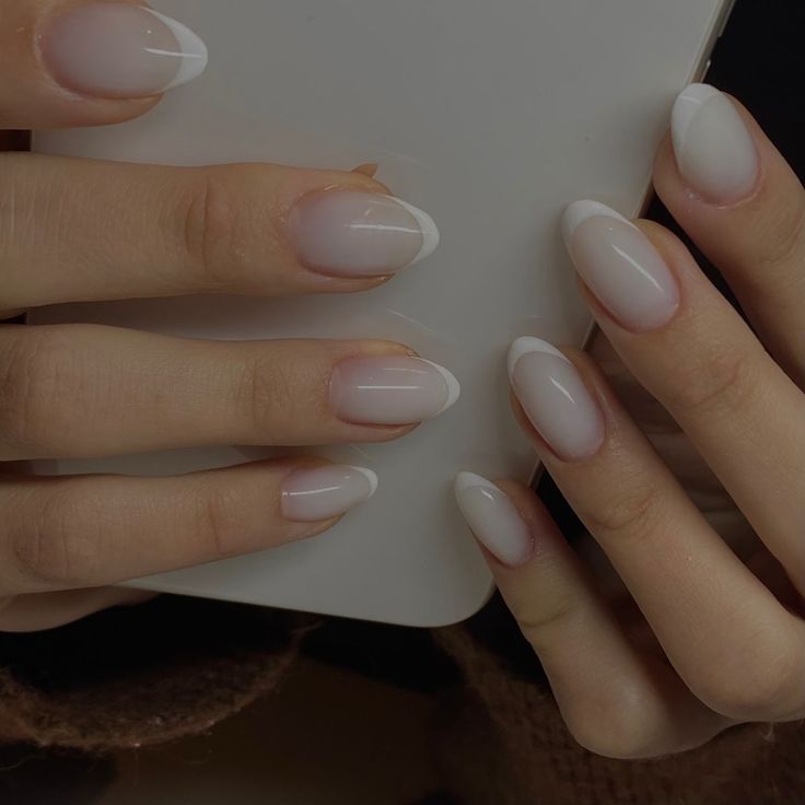 Nails french tip Milky White French Tip Nails Oval, Milky White Tips Nails, Almond Nails Short Milky White, Sheer Cream Nails, Milky White Gel Nails French, Short Milky French Tip Nails, Milk White Nails With French Tip, Milky White Nail With French Tip, Milky White And White French