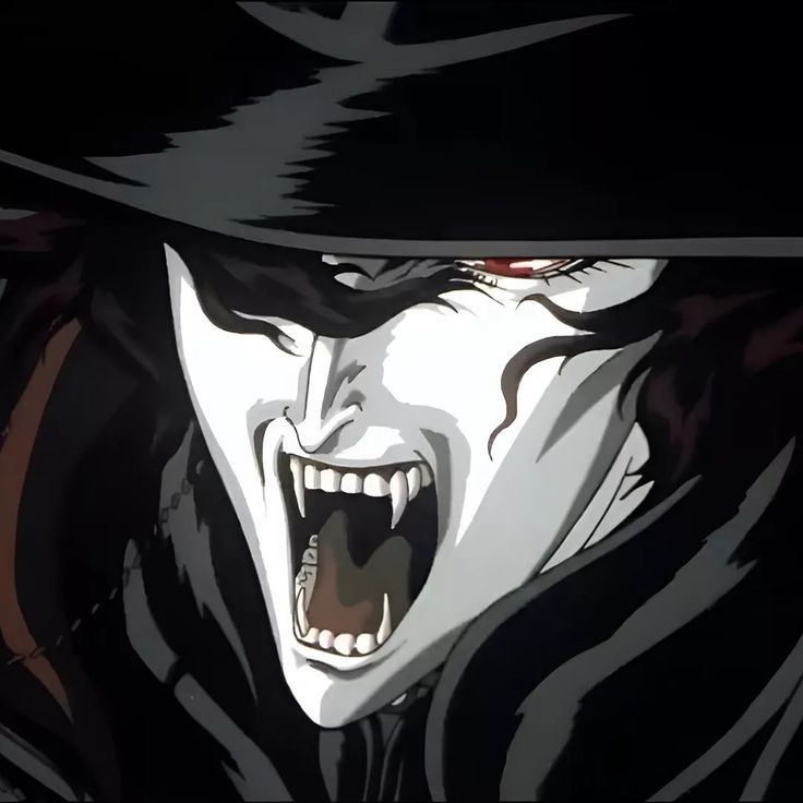 an evil man with his mouth open and teeth wide open, wearing a black hat