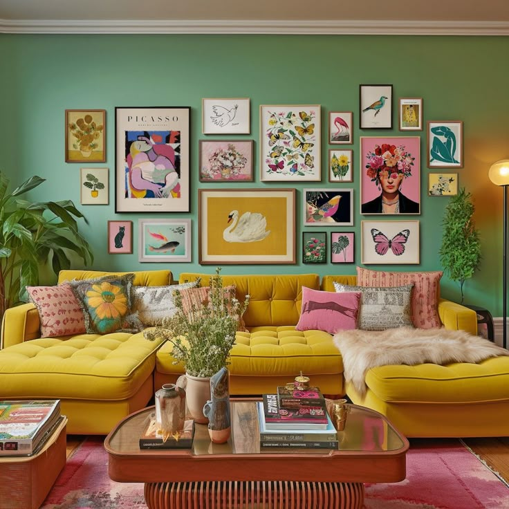 a living room filled with furniture and pictures on the wall