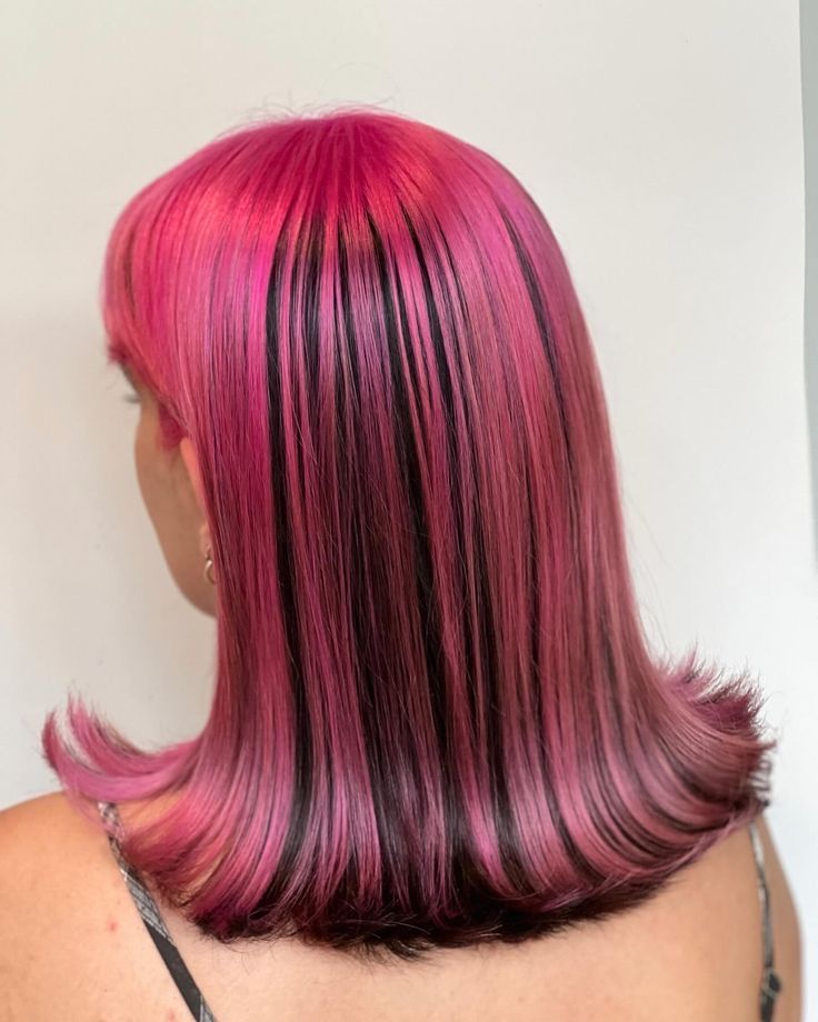 Neon Pink Hair Highlights, Makeup With Pink Hair, Draculara Hair Dye, Chunky Pink Highlights In Brown Hair, Cool Dyed Hair, Bright Pink Highlights, Pink Chunky Highlights, Brown Pink Hair, Pink Hair Styles