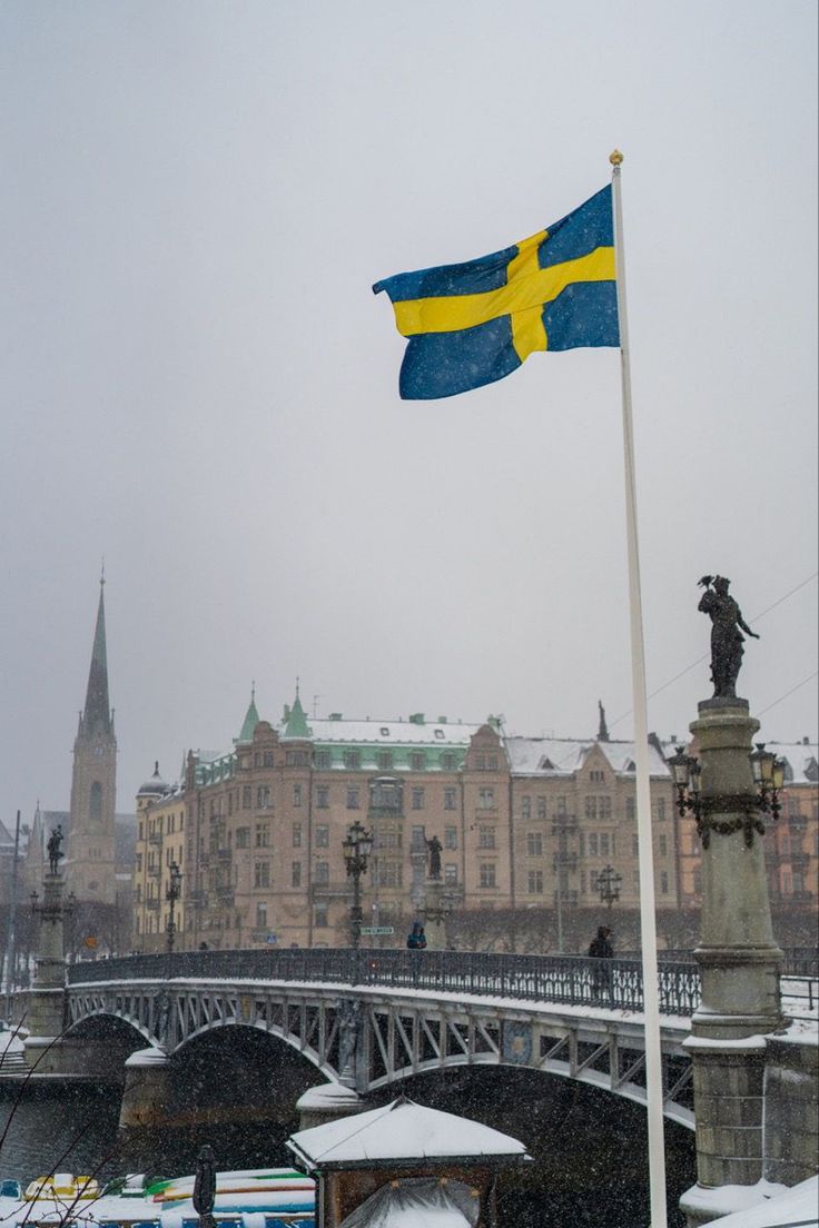 a flag flying in the wind next to a bridge