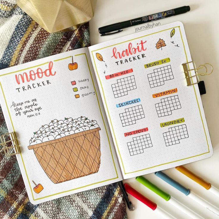 an open planner with food on it next to some markers and crayon pens