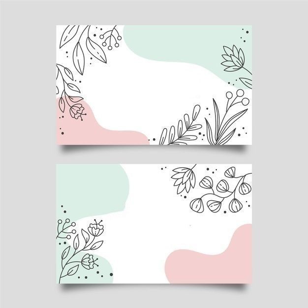 two business cards with hand drawn flowers and leaves on the front, one in pastel colors