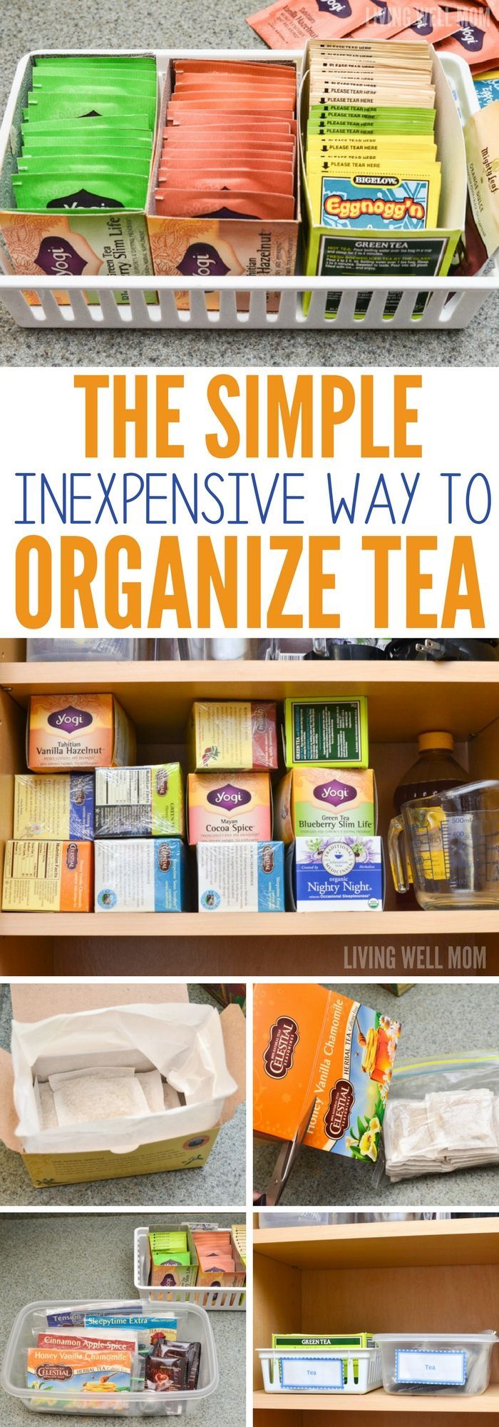 an organized pantry filled with teas and books