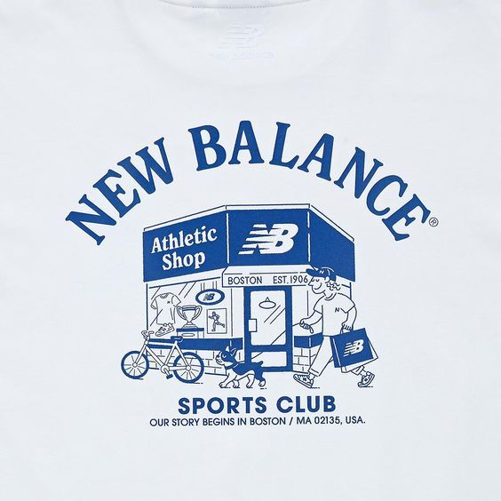 a white t - shirt that says new balance sports club on the front and back