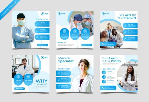 medical social media postcard templates with doctors and nurses in blue colors on grey background