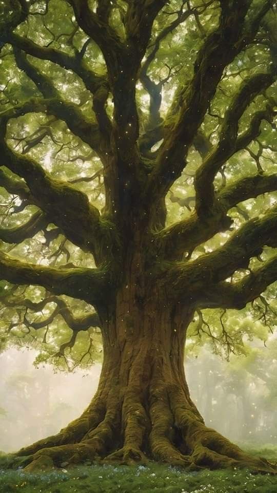 a large tree with lots of leaves on it's branches in the middle of a field