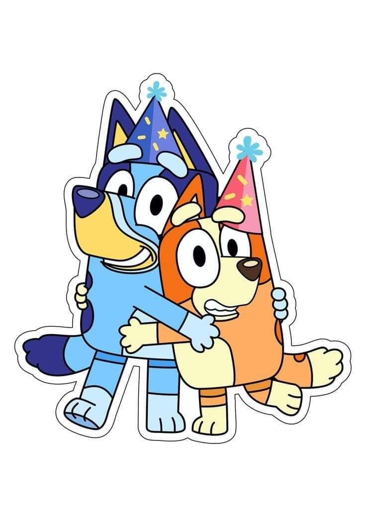 two cartoon dogs hugging each other with a party hat on