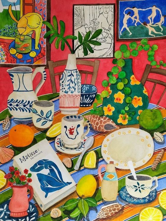 a painting of a table with oranges, lemons and other items on it