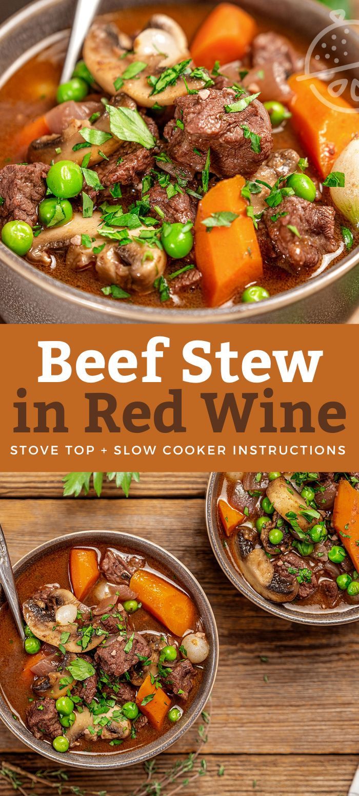 beef stew in red wine with peas, carrots and potatoes is shown on the cover