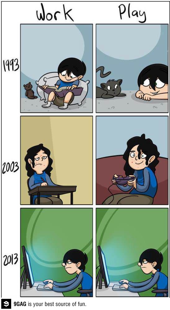 a comic strip with an image of a person sitting at a desk playing video games