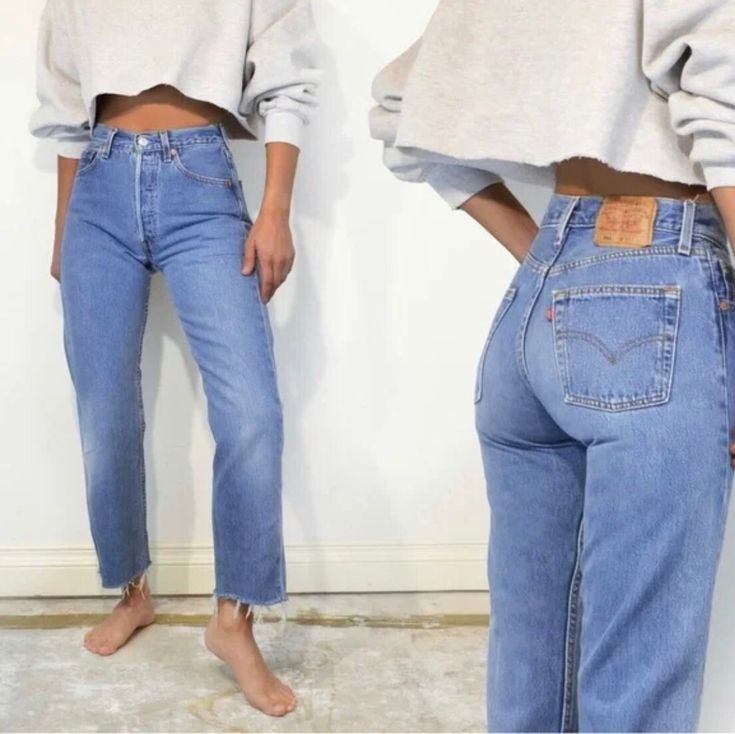 Vintage Levi's 501 jeans. 1990s. Straight leg. High waist. Button fly. 100% cotton. Tag: 28 x 36. Actual waist: 26" DETAILS ------- Classic 501s in stunning blue, typically a wash of this color has more texture, but this pair is a gentle blue throughout. Really stunning. Best patina in legs, with hems chopped into raw edge. MEASUREMENTS ------- Waist: 26" High hip: 33" Low hip: 39" Thigh: 21.5" Rise: 10.5" Inseam: 25.5" (cropped) Levi’s Womens Jeans, Highwaist Jeans Outfit, 501 Levis Women Outfits, Levis 501 Crop, Cropped Outfits, Highwaist Jeans, Levi 501s, Minimalist Fashion Men, 90s Fits