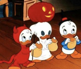 three cartoon characters dressed up as donald duck and goofy duck, one with a pumpkin on his head