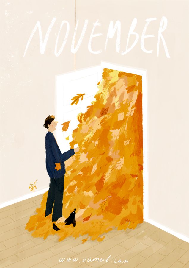 a man standing in front of an open door with autumn leaves on it and the words november above him