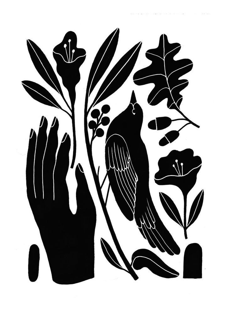 a black and white drawing of two hands with flowers on the left, and a bird on the right