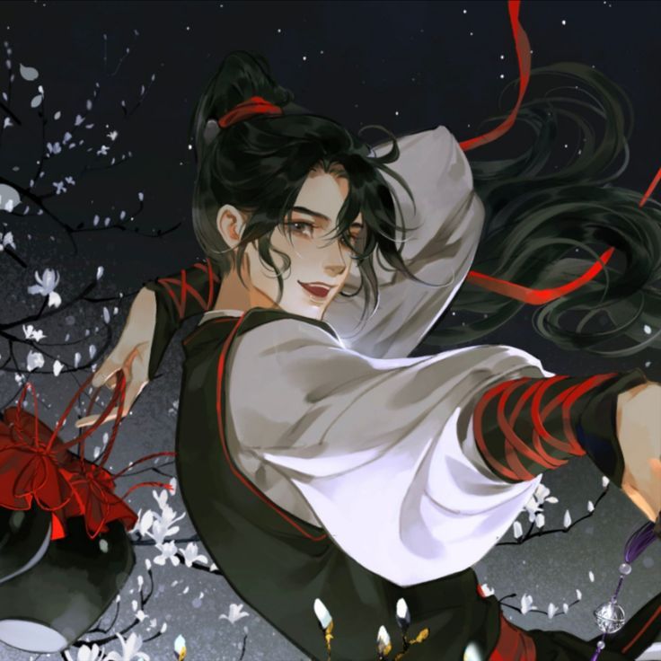 an anime character with long black hair and white shirt holding a red ribbon in her hand