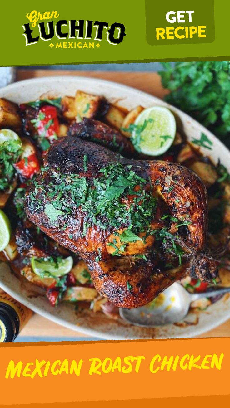 mexican roast chicken on a plate with garnishes and cilantro sauce