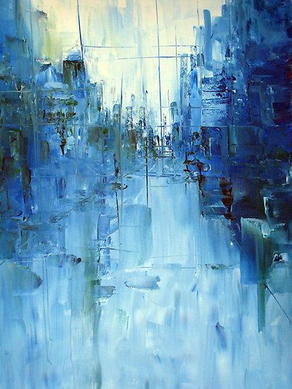 an abstract painting of blue cityscape with lots of buildings and trees in the background