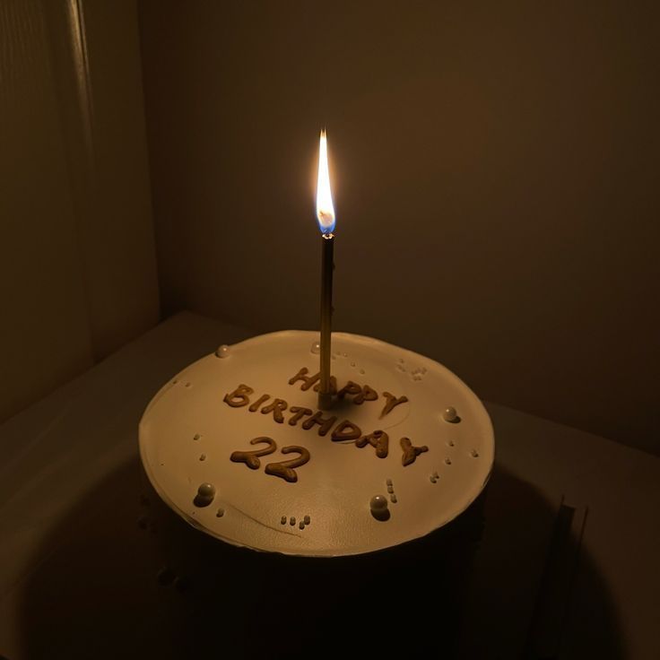 a birthday cake with a lit candle on it