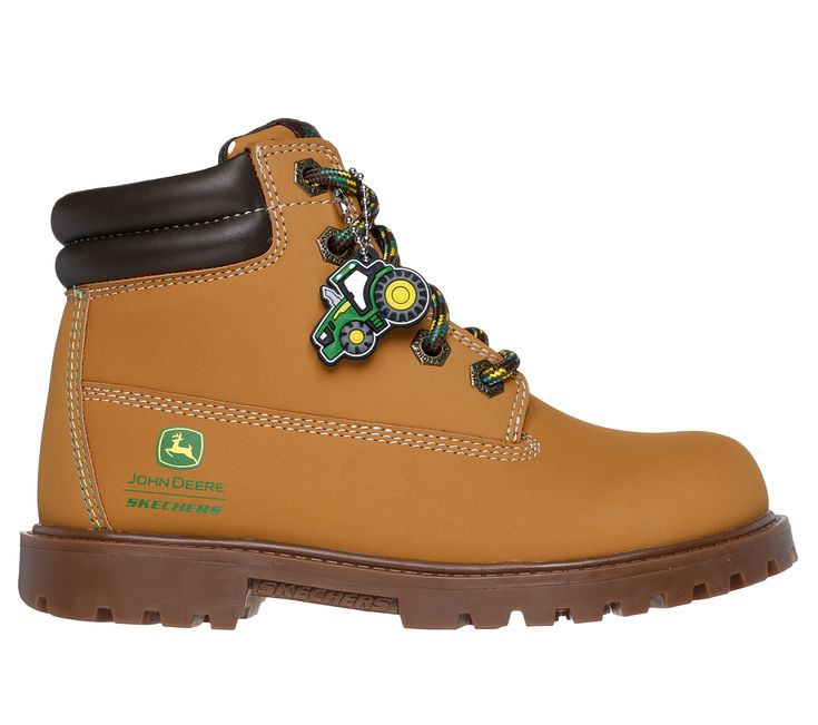 Get ready for outdoor adventures wearing Skechers x John Deere: Bowland - Rugged-Dozer! This lace-up boot features a synthetic upper with a John Deere tractor charm, second set of laces, and a cushioned Skechers Air-Cooled Memory Foam insole. For youngsters dreaming of driving a tractor someday, Skechers x John Deere for kids has arrived. Your little one can 'work' alongside you in total comfort thanks to these fun mini-you styles. | Skechers Boy's John Deere: Power Reach - Rugged-Dozer Boots | Kids Hunting, Hiking Men, Womens Safety, Western Women, Athletic Men, Wide Shoes, Hiking Women, Athletic Women, Leather Care