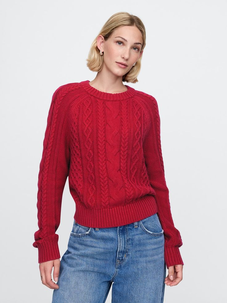 Soft cotton cable-knit sweater.  Crewneck.  Long sleeves.  Fit: Classic.  A straight & easy fit.  Hits at the hip.  Models wearing Gap Red Cable Knit Sweater, Cotton Cable Knit Sweater, Vivienne Westwood Dress, Fall Winter Wardrobe, Cable Sweater, Sweaters Crewneck, Cable Knit Sweater, Sled, Red Sweaters