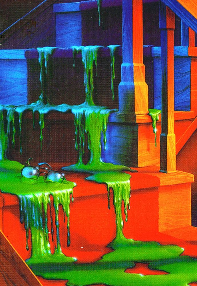 an artistic painting of green and blue dripping paint on steps in front of a house