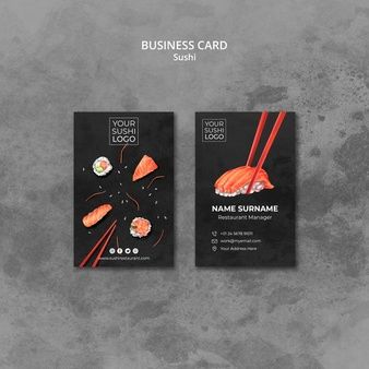 two business cards with sushi and chopsticks on the front, one in black and