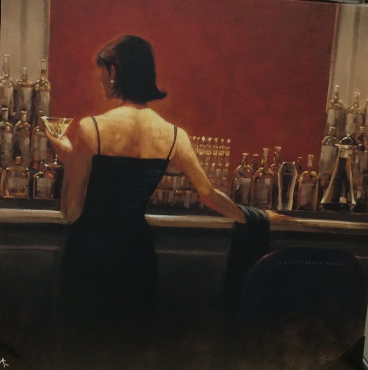 a painting of a woman sitting at a bar