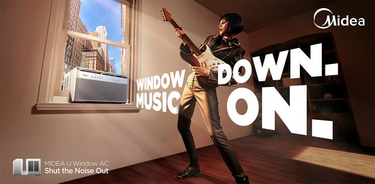 a woman standing in front of a window with an electric guitar next to her and the words windows music on it