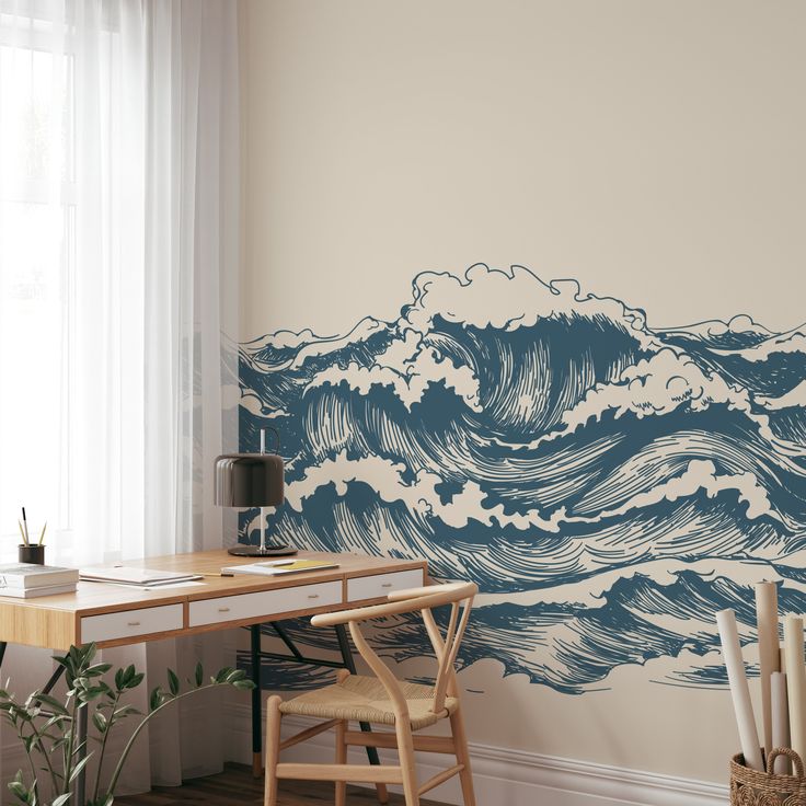 Ocean Wave Wallpaper Mural - Coastal Nautical Peel and Stick Wall Mural Ocean Wave Wallpaper, Wallpaper Japanese, Wave Wallpaper, Waves Painting, Mykonos Blue, Peel And Stick Wall Mural, Waves Wallpaper, Fire And Stone, Nautical Wall