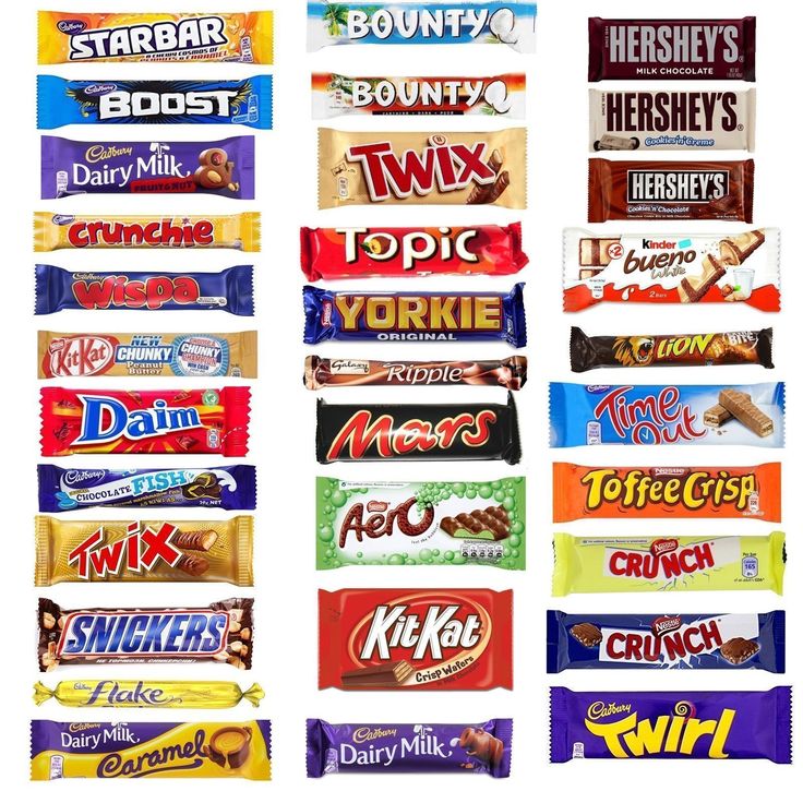 an assortment of candy bars with different flavors and flavors on each one, including chocolate