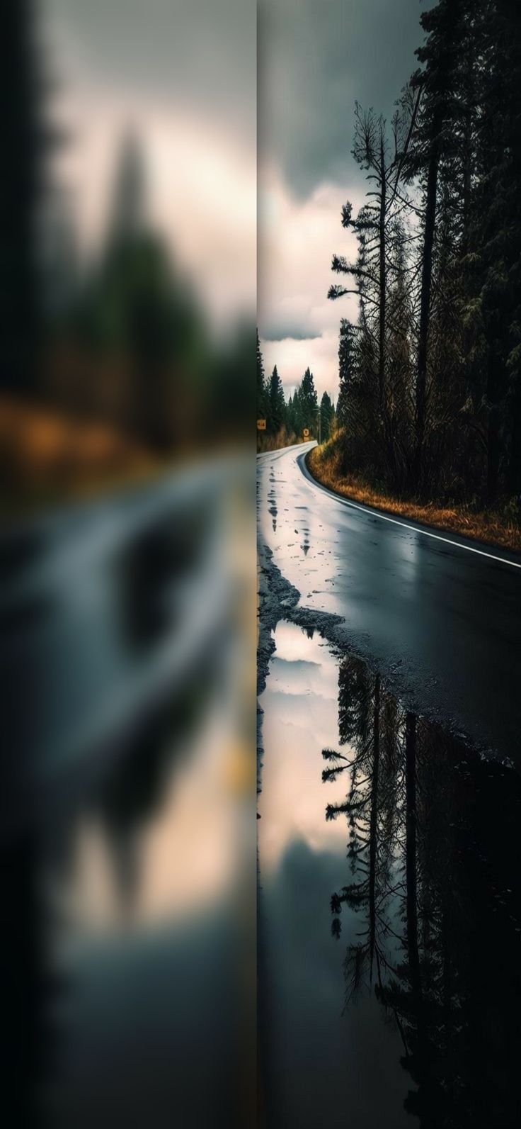 an image of a road with water on the side and trees in the back ground