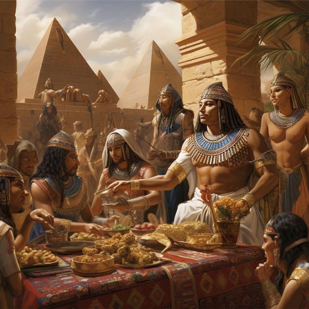 an egyptian feast scene with pharaohs and other people