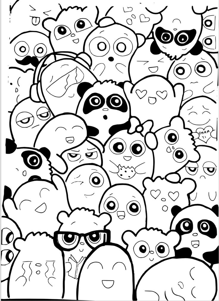 an adult coloring page with lots of cartoon faces and eyes on it, all in black and white