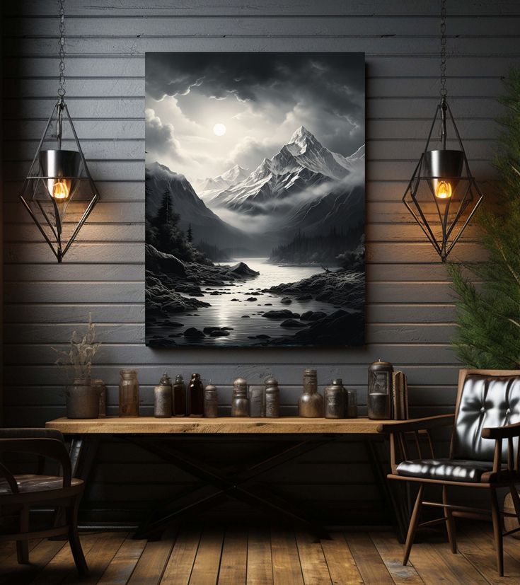 a painting hanging on the wall above a table