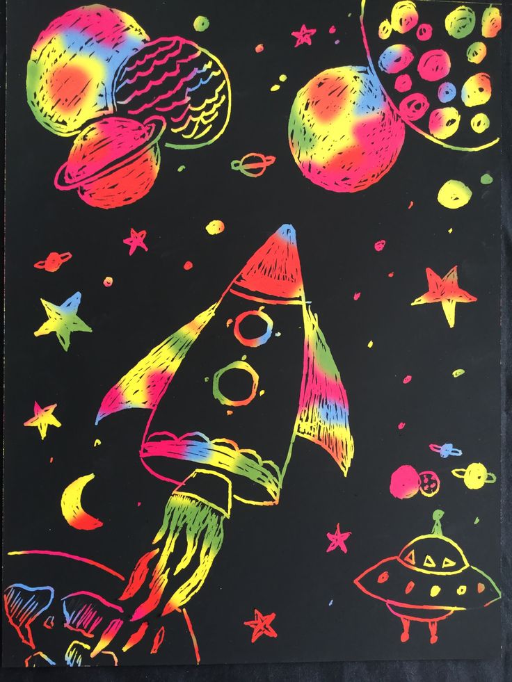 a drawing of a rocket ship in space with stars and planets around it on a black background