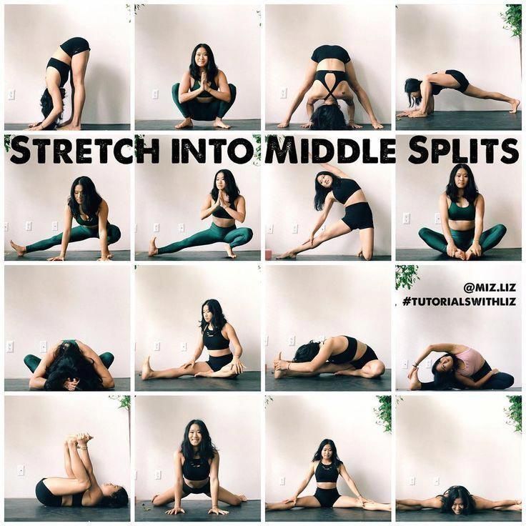 a series of photos showing how to stretch into middle splits with the help of a yoga instructor