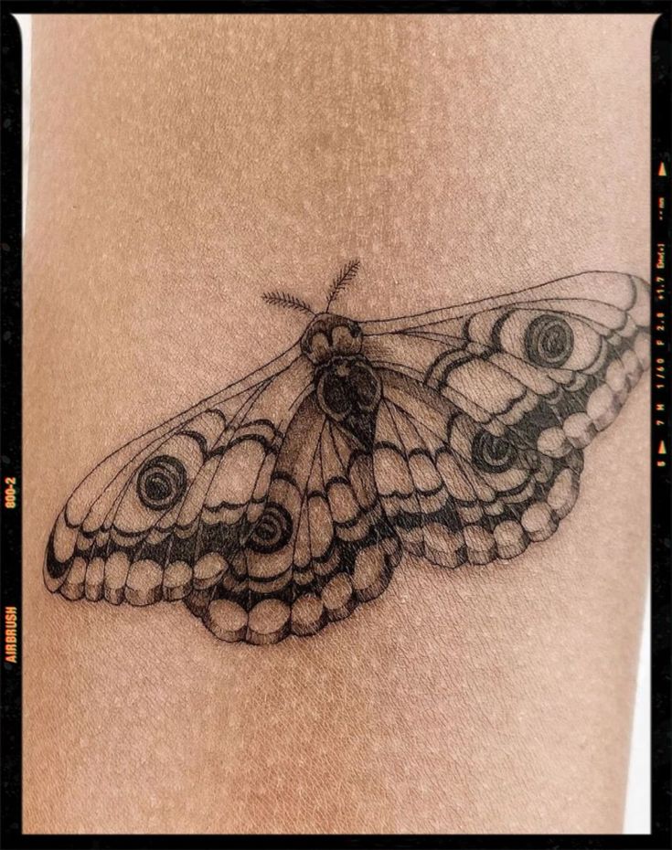 a black and white butterfly tattoo on the thigh