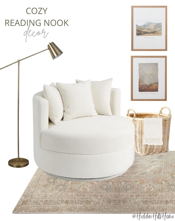 cozy reading nook decor with white furniture and pictures on the wall in front of it